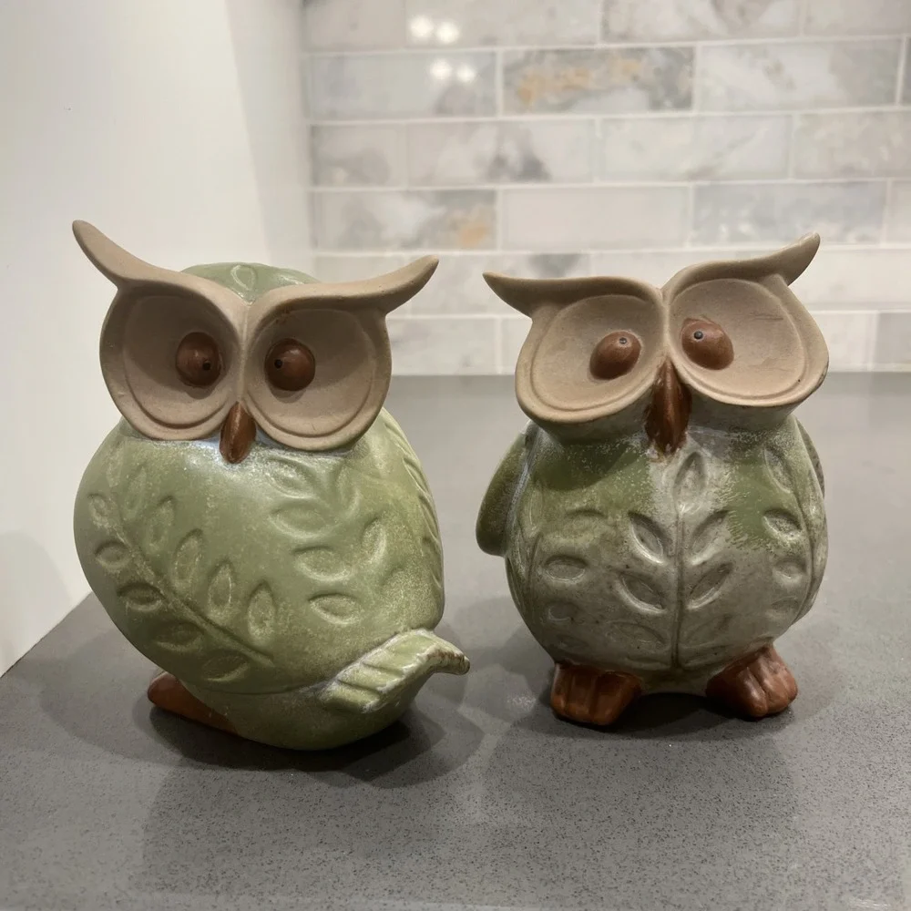 2 Green b+B Owl 5.5 Inches Tall Planter and Statue